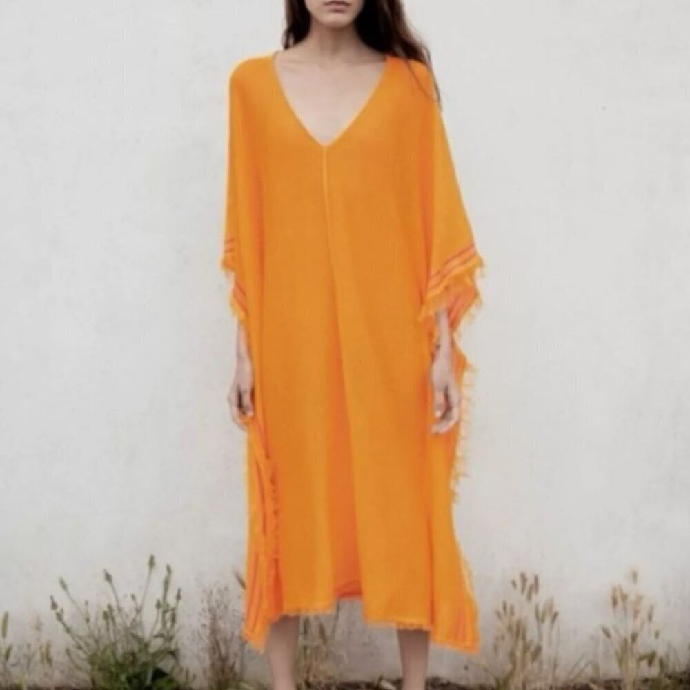 ZARA KAFTAN DRESS S ORANGE LINEN BLEND KNIT LAGENLOOK SIZE XS-S 2142/120/615
